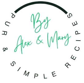 Logo of 'Pur & Simple Recipes' featuring a circular text design with 'Alex & Mary' written in green script font at the center