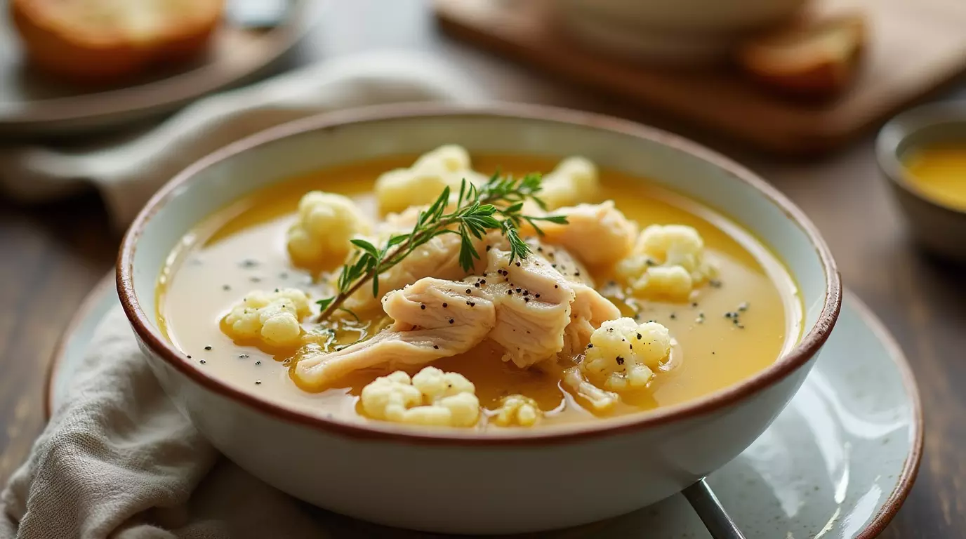 A steaming bowl of golden Keto Bone Broth Chicken Soup with shredded chicken, cauliflower, and fresh thyme, served in a rustic white bowl.