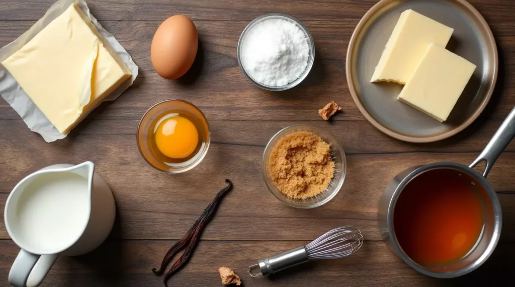 A flat lay of fresh ingredients for making cream cheese caramel flan, including cream cheese, eggs, sugar, vanilla, and caramelized sugar.