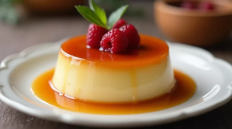 A smooth and creamy cream cheese caramel flan with a golden caramel sauce cascading down the sides, served on a white plate