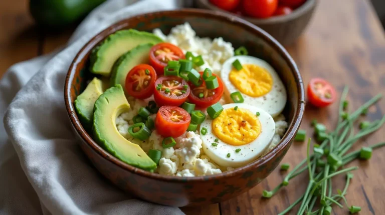 A breakfast bowl with cottage cheese, soft-boiled eggs, avocado, and tomatoes.