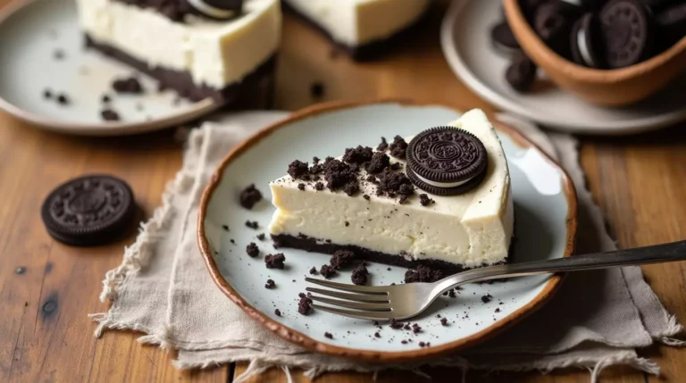 A slice of low-calorie cottage cheese Oreo cheesecake topped with crushed Oreos on a rustic white plate.