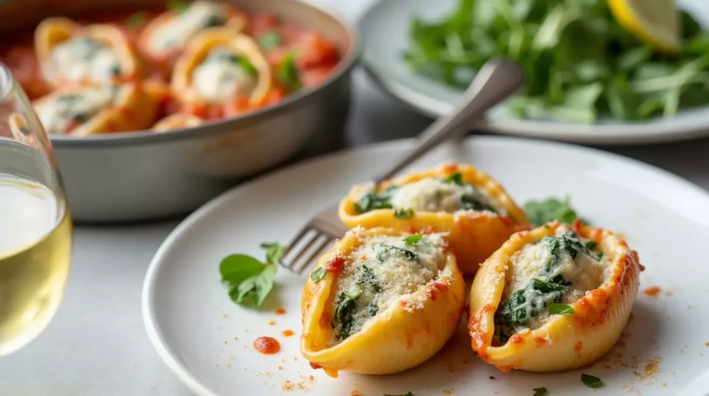 A serving of golden-baked salmon and spinach stuffed pasta shells on a white plate, drizzled with creamy garlic sauce, accompanied by an arugula salad and a glass of white wine.