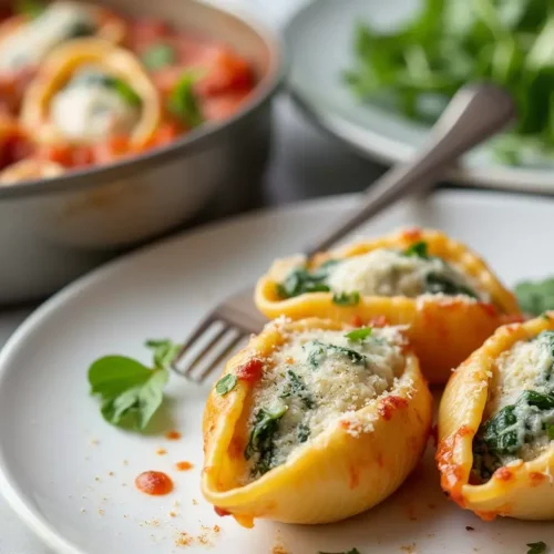 A serving of golden-baked salmon and spinach stuffed pasta shells on a white plate, drizzled with creamy garlic sauce, accompanied by an arugula salad and a glass of white wine.