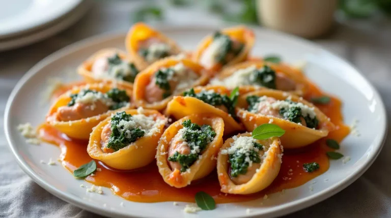 A plated dish of salmon and spinach stuffed pasta shells with creamy garlic sauce, golden-baked cheese, and fresh herbs, served in a cozy kitchen setting.