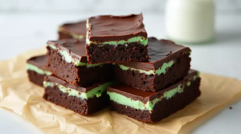 Stack of fudgy gluten free mint chocolate brownies with mint frosting and ganache