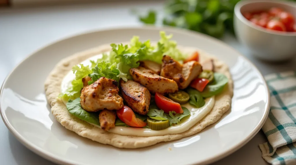 Open pita bread topped with marinated grilled chicken, creamy garlic sauce, lettuce, tomatoes, and pickles