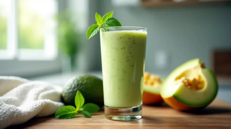 Light green avocado honeydew smoothie topped with mint in a glass