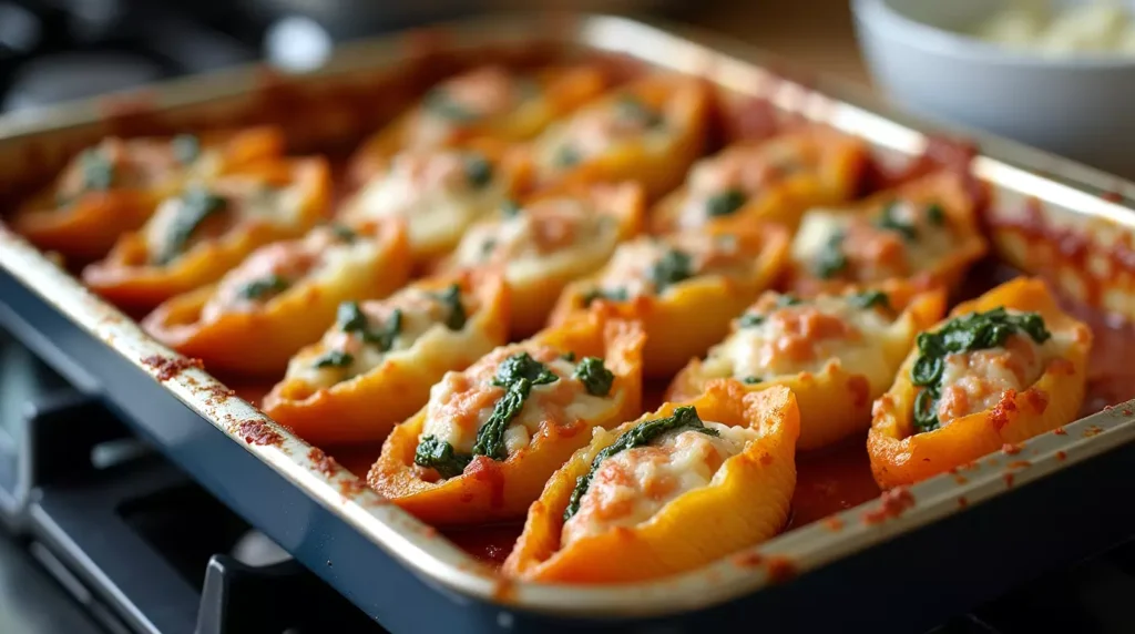A baking dish of golden-baked salmon and spinach stuffed shells with cheese on top