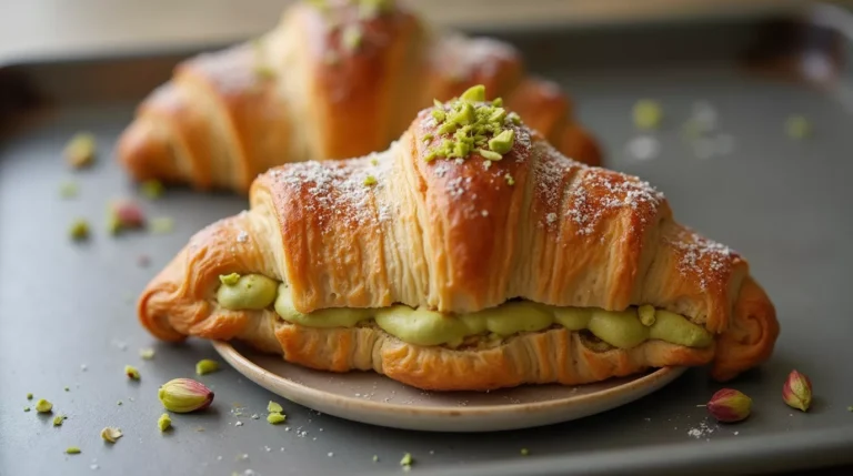 Golden pistachio croissant recipe with powdered sugar and cream filling