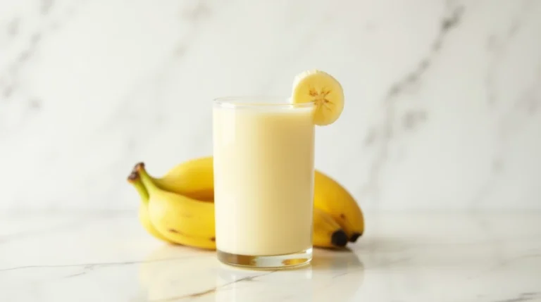 Creamy banana bariatric shake served in a glass on a white background