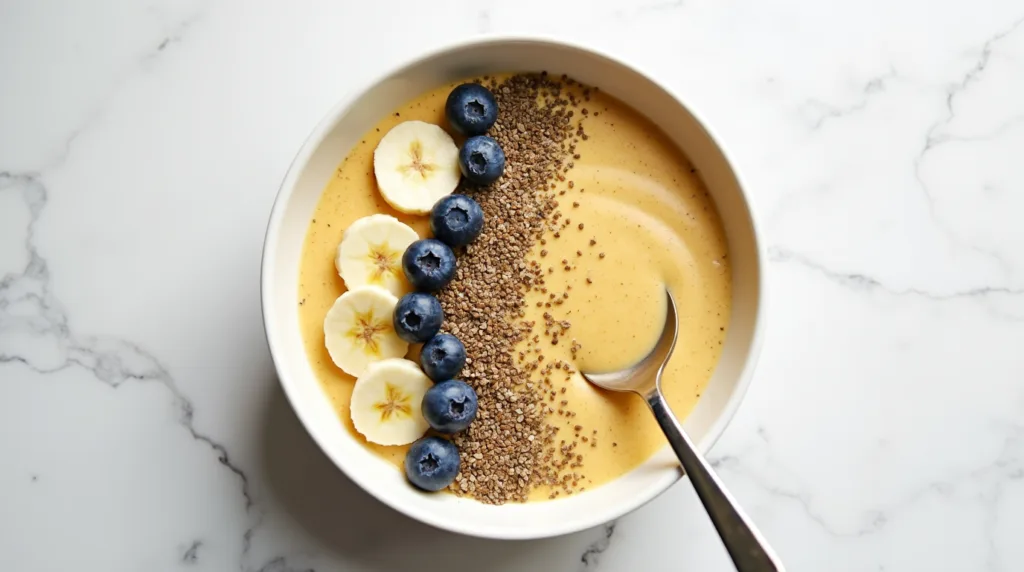 Smoothie bowl topped with banana, blueberries, chia seeds, and bee pollen on a white surface.