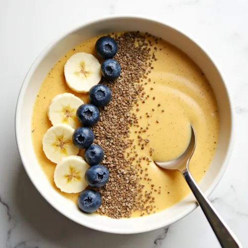 Smoothie bowl topped with banana, blueberries, chia seeds, and bee pollen on a white surface.