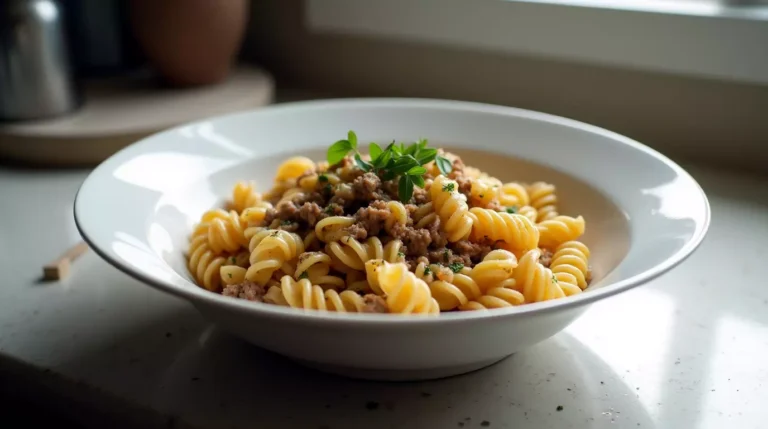 Bowl of beef and rotini pasta in creamy garlic parmesan sauce on a kitchen counter