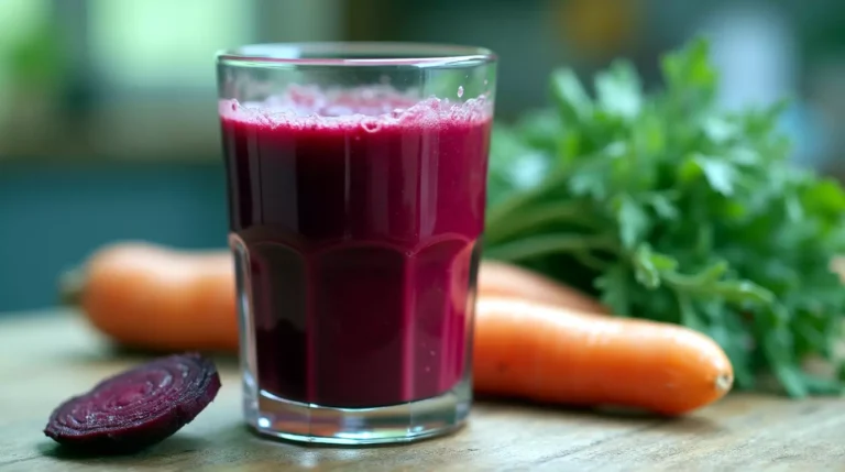 Vibrant beet and carrot smoothie served in a clear glass
