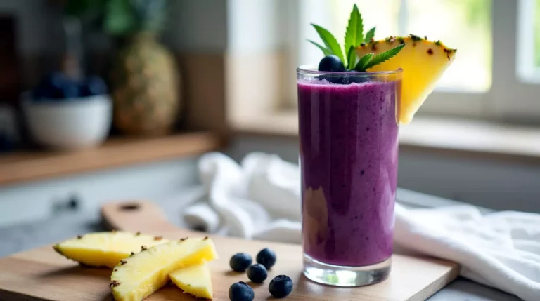 Blueberry pineapple smoothie topped with fresh fruit