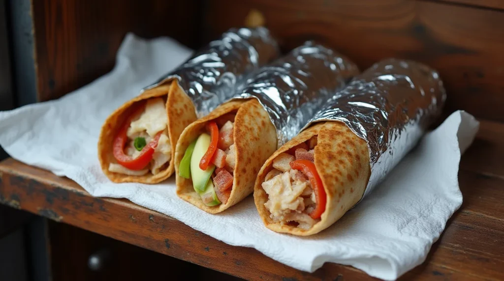 Burritos in foil as part of lunch meal prep for truck drivers