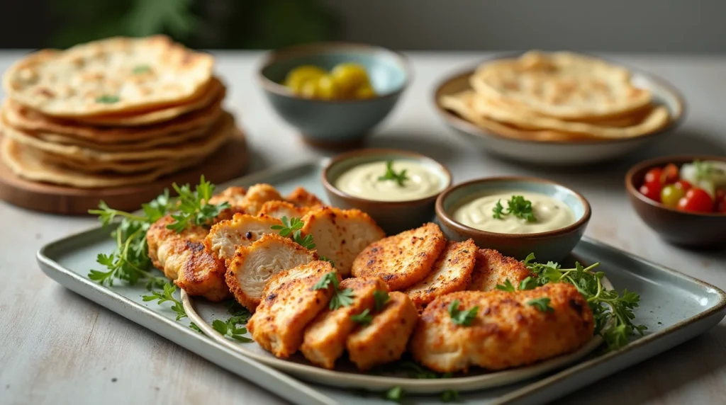 Sliced grilled chicken shawarma served on a platter with pita, creamy garlic sauce, and fresh pickles