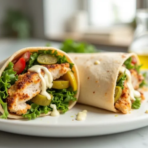 Freshly made chicken shawarma wrap filled with juicy chicken, creamy garlic sauce, and fresh vegetables