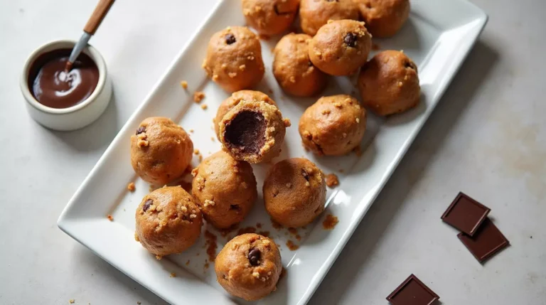 Chocolate stuffed pretzel bites with melted chocolate on a tray