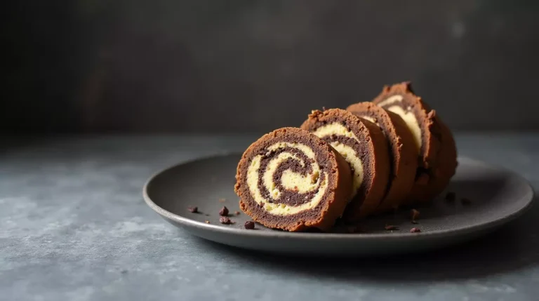 Sliced coffee roll cake with visible mocha spiral arranged on a matte ceramic platter