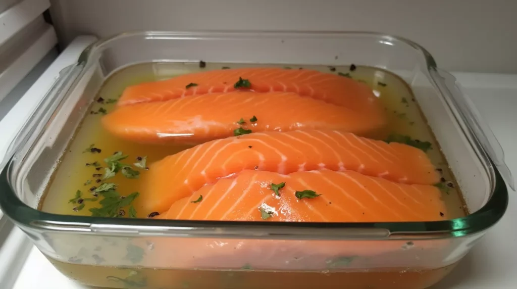 Coho salmon in brine with herbs and garlic in a clear dish on the counter