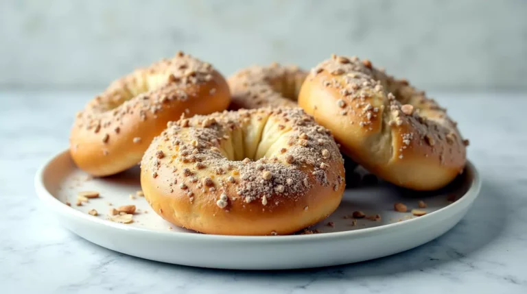 Freshly baked cottage cheese bagels with almond flour on a clean white plate and light stone background.