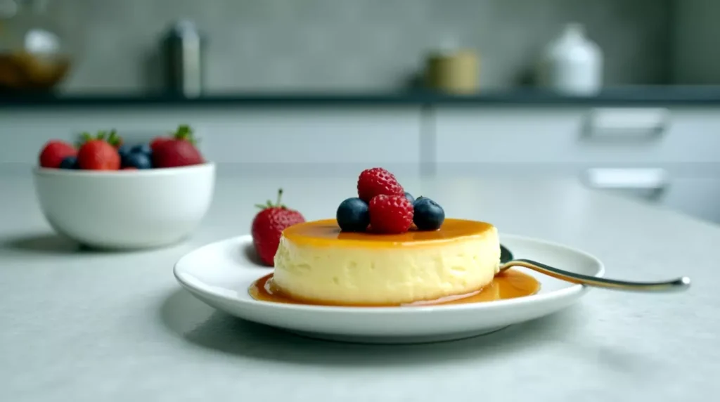 Whole cream cheese caramel flan with amber caramel sauce on a rimmed white plate