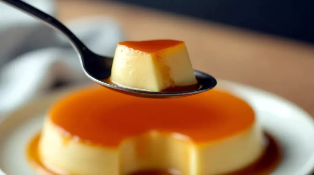 Close-up of spoon lifting a bite of cream cheese caramel flan with syrup