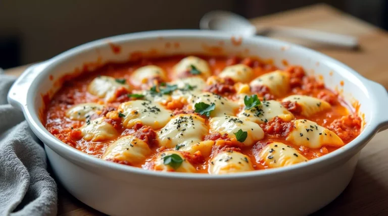 Baked creamy ricotta beef stuffed pasta shells topped with melted cheese in a white dish
