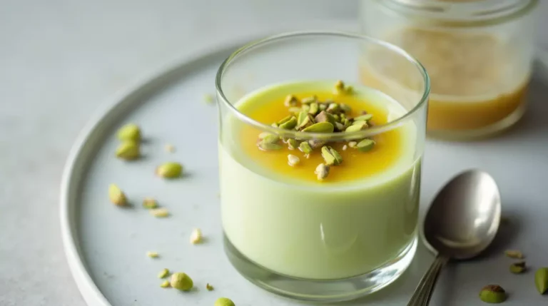 Pistachio panna cotta topped with chopped pistachios and honey in a glass