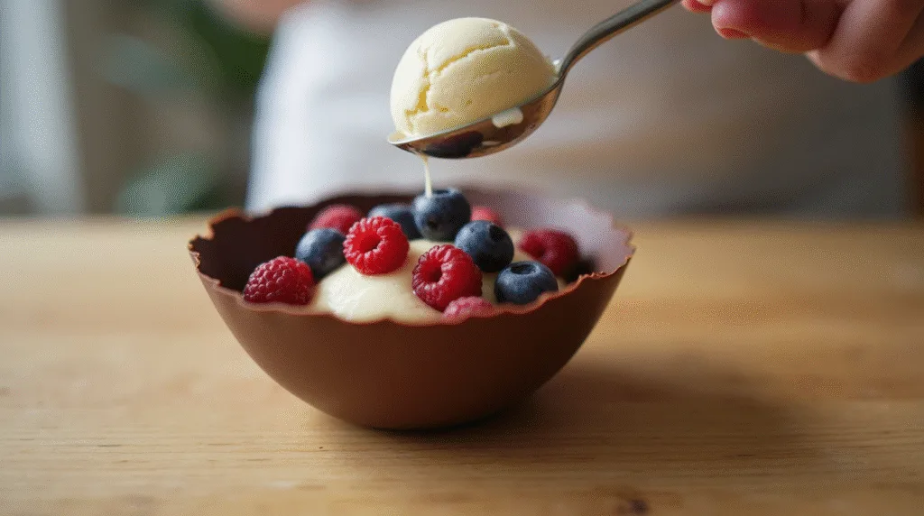 Vanilla ice cream and berries being added into a chocolate shell