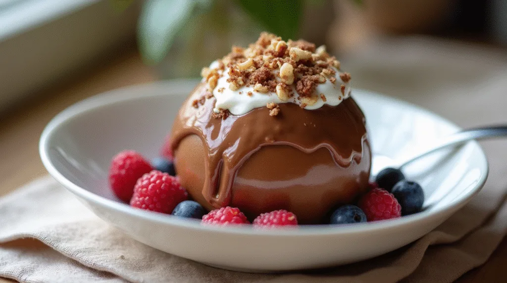 Bomba dessert with chocolate shell melted, showing ice cream and berries