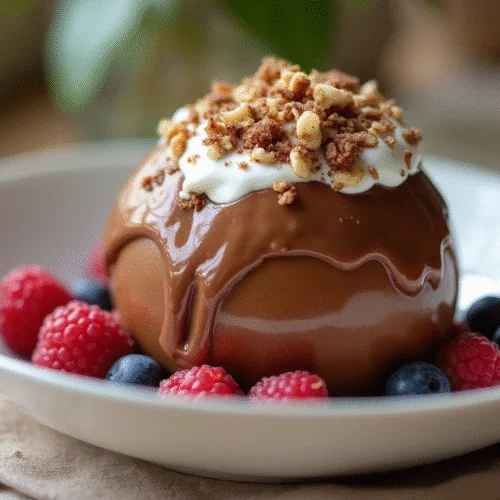 Bomba dessert with chocolate shell melted, showing ice cream and berries
