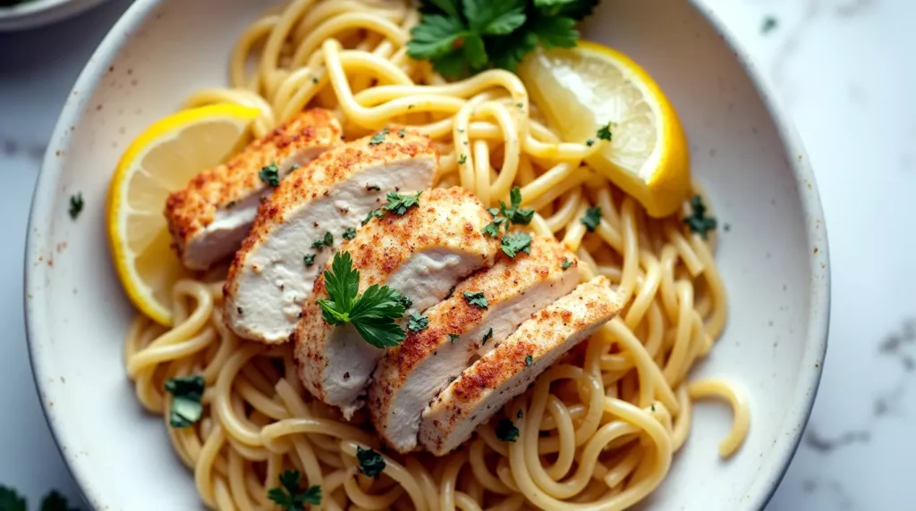 Close-up of cowboy butter chicken pasta with sliced chicken and parsley