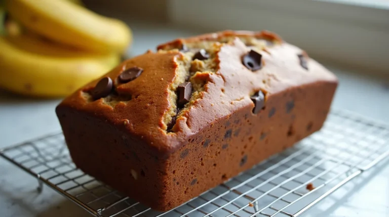 Freshly baked Reese’s peanut butter banana bread cooling on a wire rack in a home kitchen