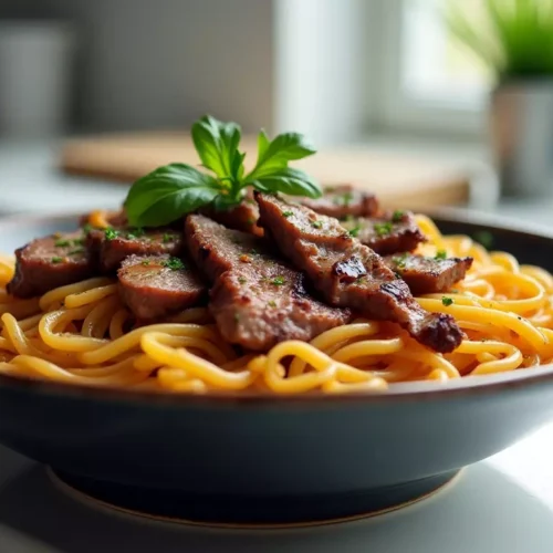 Bowl of garlic butter steak lightning noodles with sliced steak and garlic on a kitchen counter