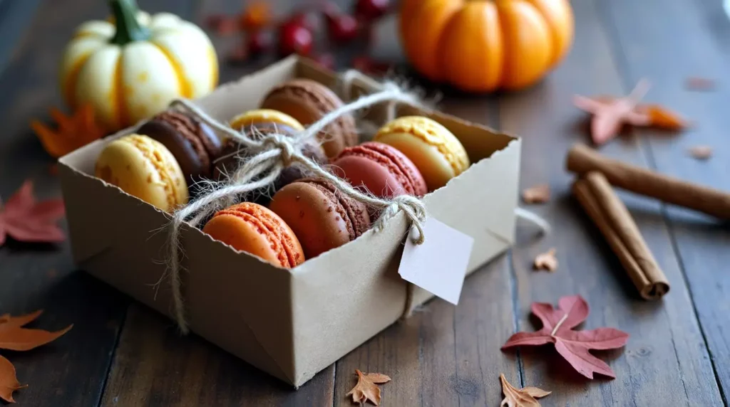 Kraft paper box filled with assorted fall macarons tied with twine