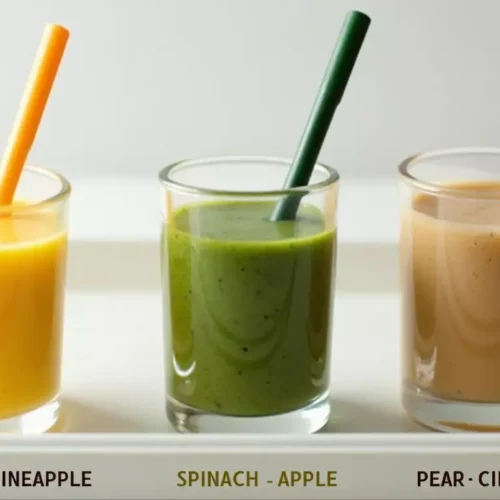 Three different ginger smoothies in small glasses with varied fruit bases