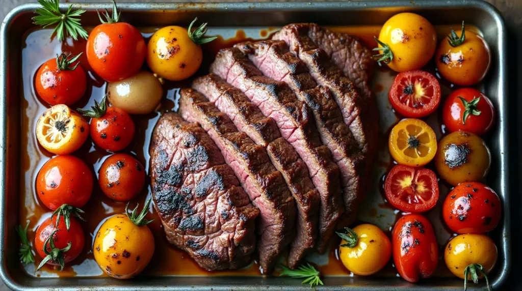 Juicy grilled steak slices served with roasted cherry tomato and onion skewers