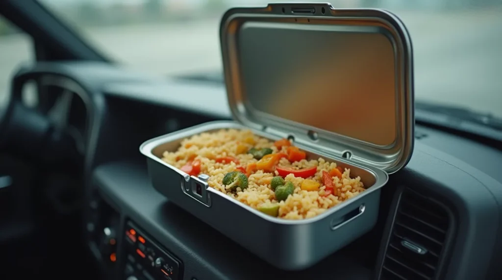 Electric lunchbox heating up a meal prep for truck drivers inside a truck