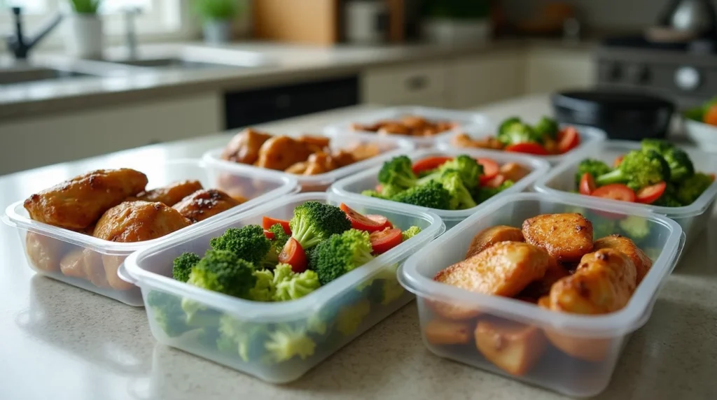 Simple kitchen counter with containers used for meal prep for truck drivers