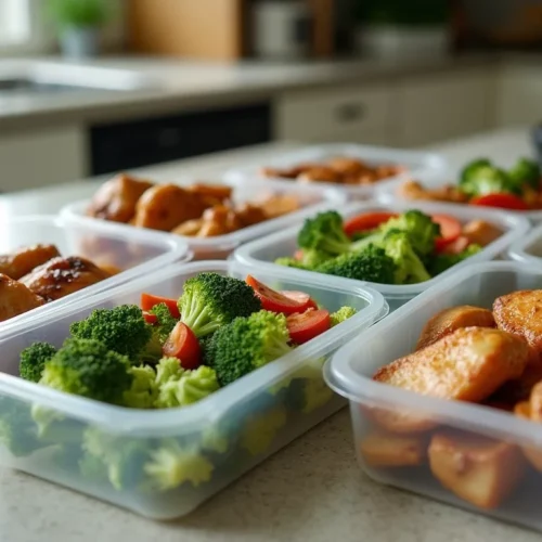 Simple kitchen counter with containers used for meal prep for truck drivers