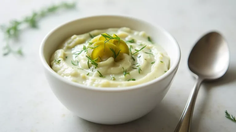 Small bowl of dill pickle aioli garnished with chopped pickles and fresh dill