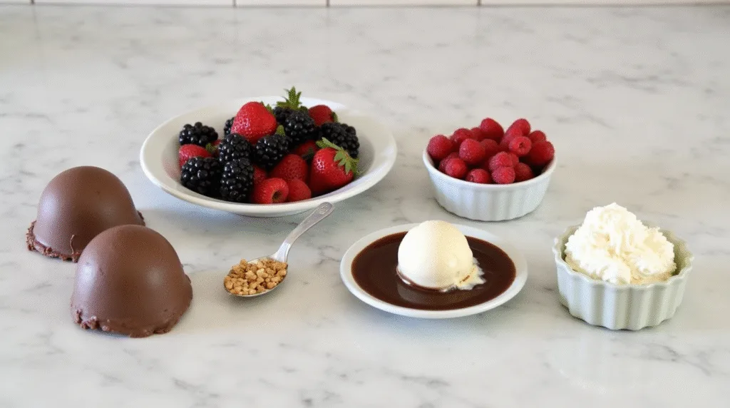 Chocolate shell, vanilla ice cream, berries, and whipped cream laid out in a home kitchen