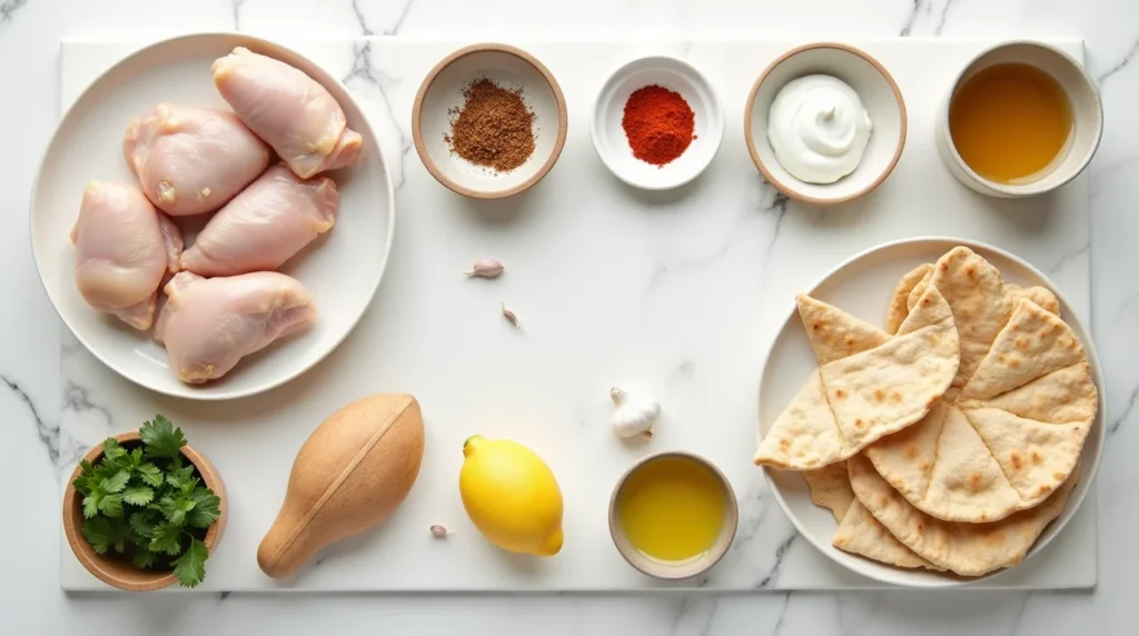 Flat lay of fresh ingredients for chicken shawarma including spices, chicken thighs, garlic, lemon, and yogurt