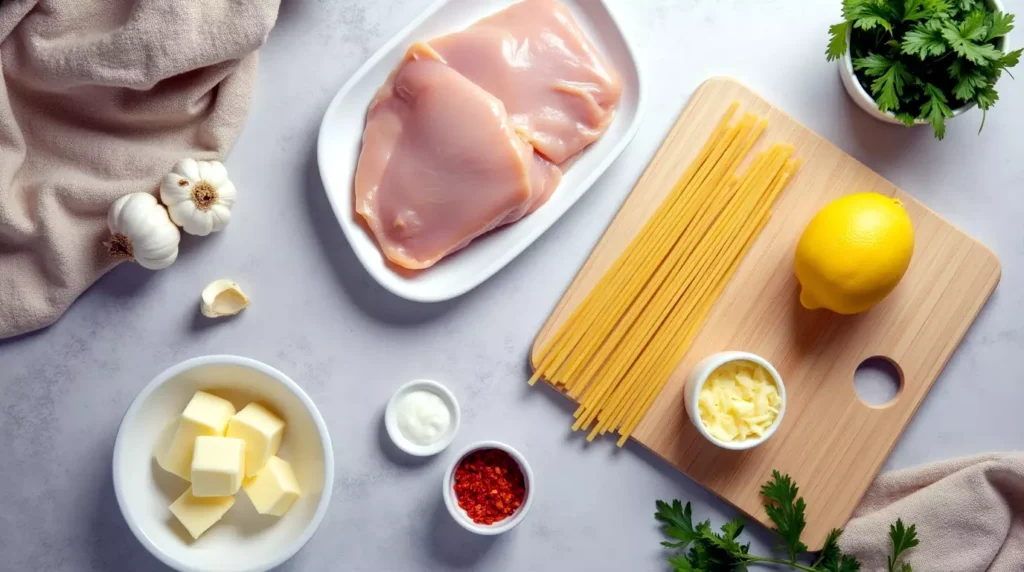 Cowboy butter chicken pasta ingredients on a clean kitchen surface