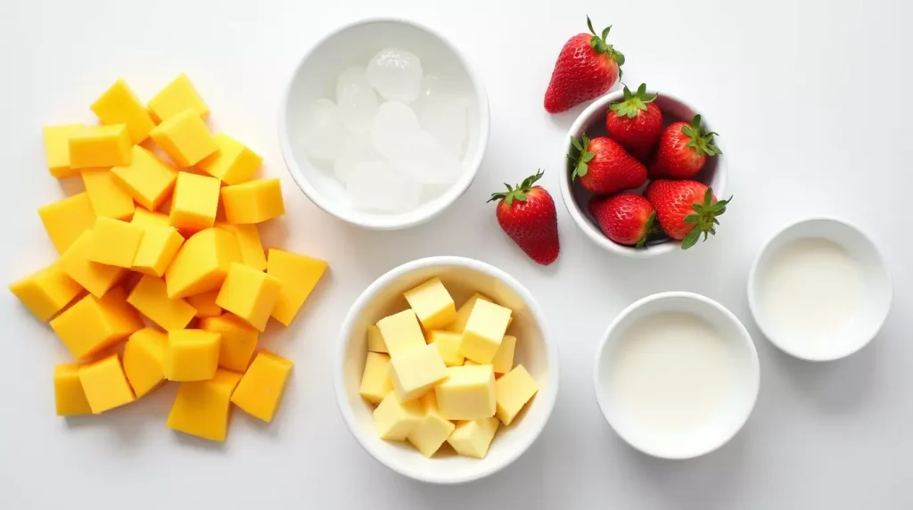 Mango chunks, pineapple, strawberries, and milk in bowls