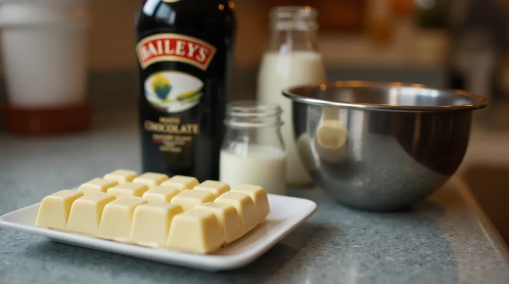 White chocolate, Baileys, and cream arranged on a kitchen counter