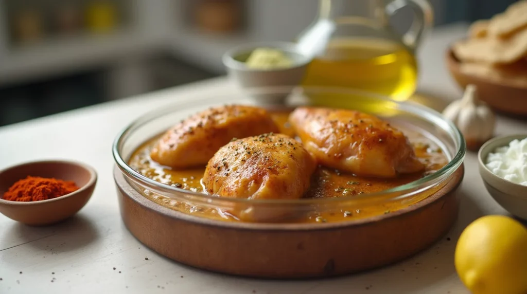 Chicken thighs marinating in shawarma spices inside a glass bowl